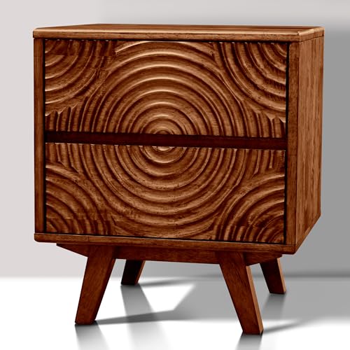 Acacia Harmony Solid Wood 2-Drawer Nightstand – Mid Century Modern Bedside Table with Carved Front, Vintage Walnut Finish, End Table for Bedroom or Living Room, Easy Assembly