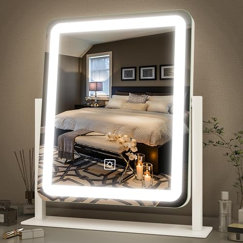 FENNIO Vanity Mirror with Lights - 15"x12.6" LED Lighted Makeup Mirror, Large Makeup Mirror with Lights, Touch Screen with 3-Color Lighting, Dimmable, for Vanity Desk Tabletop, Bedroom