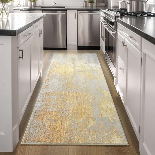 Runner Rug for Kitchen Hallways Runner Rug Non Slip 2'6''x8' Washable Long Runner Rugs with Rubber Backing Soft Abstract Carpet Runner for Entryway, Kitchen, Bedroom, Bathroom (Beige and Gold)