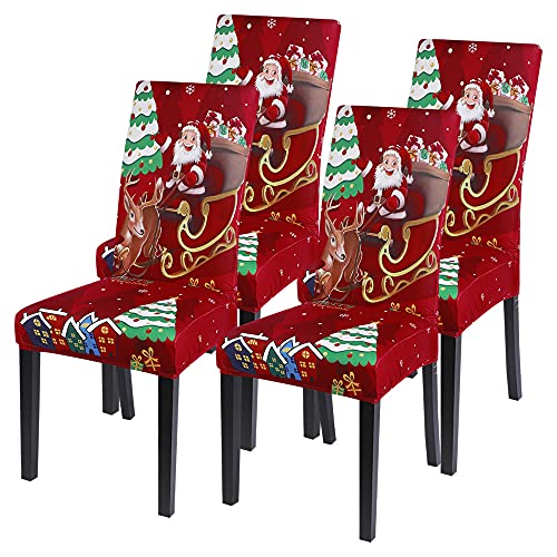 SearchI Christmas Chair Covers Set of 4, Stretch Xmas Kitchen Chair Cover Removable Washable Holiday Parsons Chair Slipcovers for Dining Room, Christmas Decoration, Ceremony(Santa Claus+Elk)