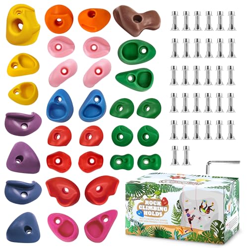 TOPNEW 32 Rock Climbing Holds Multi Size for Kids, Adult Rock Wall Holds Climbing Rock Wall Grips for Indoor and Outdoor Playground Play Set - Includes 2 Inch Mounting Hardware