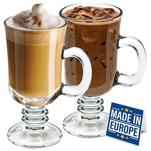 Volarium Irish Glass Coffee Mugs, Latte Cups, Set of 2 Cappuccino and Hot Chocolate Mugs with Handle, Clear Glass Mugs for Hot Beverages, 7 3/4 oz