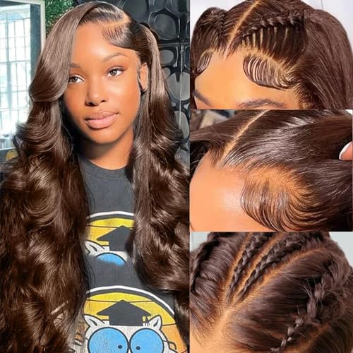eddfine 250% Density 5x5 HD Lace Closure Wigs Human Hair Glueless Wigs Human Hair Pre Plucked Pre Cut Chocolate Brown Body Wave Lace Front Wigs Human Hair for Women #4 Glueless Wigs 28 Inch