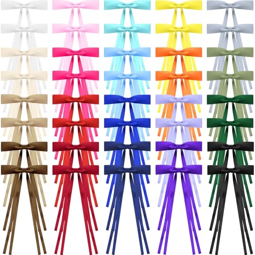 Mimorou 40 Pcs Bow Hair Clips Bulk Multicolor Bow Barrettes Set Hair Accessories with Long Tail Ribbon Bowknot Barrettes Clips and Tassel Colorful Back to School Accessories for Women(Classic Colors)