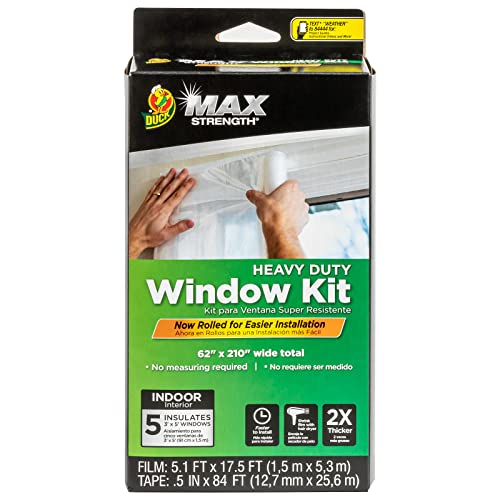 Duck MAX Strength Window Insulation Kit, Winter Window Seal Kit Fits up to 5 Windows, Heavy Duty Shrink Film Cuts to Size for Easy Indoor Installation, Window Tape Included,62 In. x 210 In., Clear