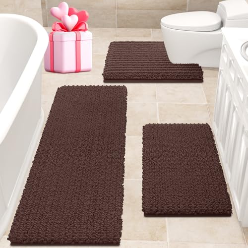 ACCUMTEK Upgrade Extra Large Brown Bathroom Rug Set 3 Pieces Ultra Soft, Thick Absorbent Bath Mats, Non Slip Chenille Toilet Mat for Bathroom, Bedroom, Kitchen, Dark Coffee