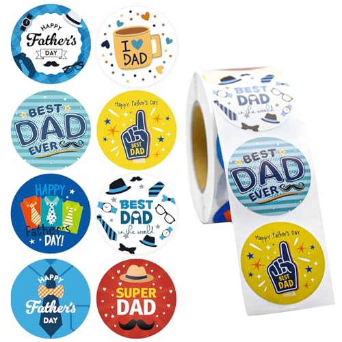 Adurself 500PCS Father's Day Round Stickers, 8 Designs Roll Decals Happy Fathers Day Beard Hat Best Dad Bouquet Gift Adhesive Labels for Craft DIY Greeting Card Gift Candy Cookie Bags Decor, 1.5In