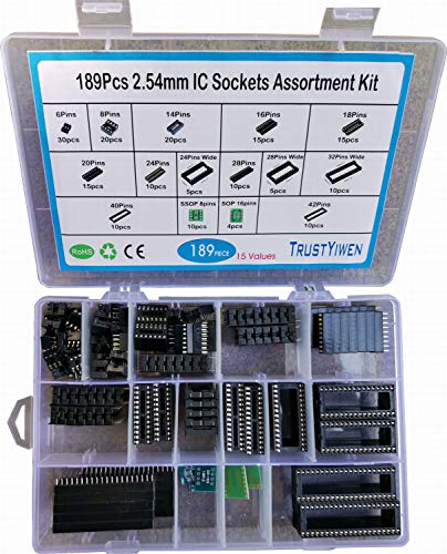 TRUSTYIWE 189Pcs 2.54mm Pitch DIP IC Sockets Solder Type Adaptor Assortment Kit (6/8/14/16/18/24/28/32/40/42 Pins)