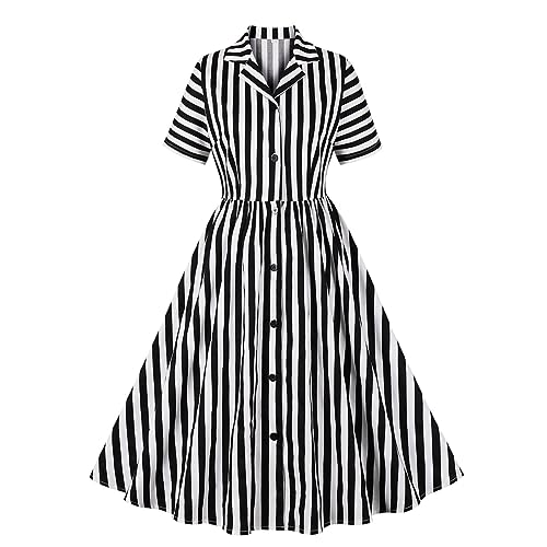 Black and White Vertical Striped Dress for Women Black and White Stripe Dress Notched Lapel Buttons 50s Vintage Shirt Dresses for Women 1950s Retro Vintage Cocktail Party Swing Dresses Black White 2XL