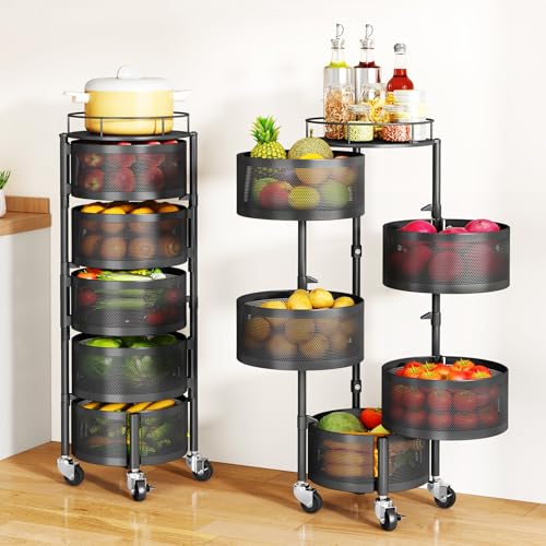 SAYZH Fruit Vegetable Basket for Kitchen, Rotating Storage Rack, 5 Tier Rolling Cart with top lid, Large Metal Wire Wheels, Black