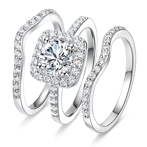 MDFUN 18K White Gold Plated Cubic Zirconia Three-in-One Halo Wedding Engagement Promise Eternity Ring for Women (10.5)