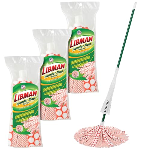 Libman Wonder Mop & Refills Kit – for Tough Messes and Powerful Cleanup – Easy to Wring, Long Handled Wet Mop for Hardwood, Tile, Laminate. Includes Three Replacement Heads, Machine Washable, 62 Inch