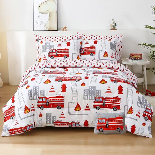 Mooreeke Kids Twin Comforter Sets for Boys 6 Pieces Fire Truck White Bedding Set for Teens Soft Microfiber Kids Bed in A Bag with Comforter, Sheet Set, Shams and Decorative Toy Pillow All Season