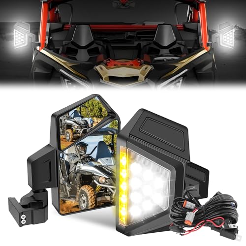 ZAMLIE UTV Side Mirrors with Lights Amber Turn Signal Wiring Harness For Pioneer Polaris RZR 900 1000 Can-Am Kawasaki Mule Rhino YXZ Zforce, Shatter Proof Tempered Glass With Spot Light, Plug & Play