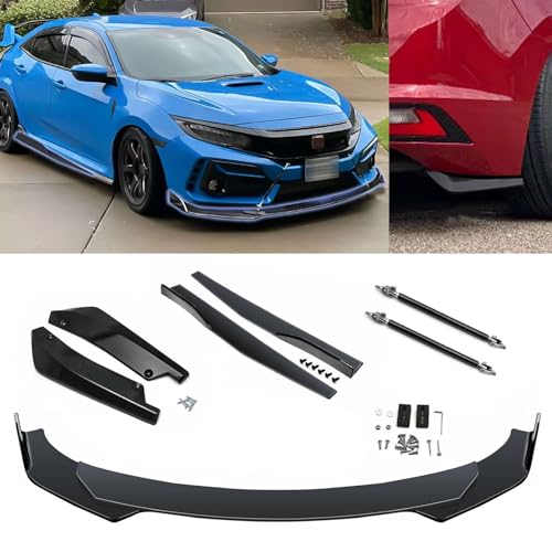 Xotic Tech 9Pcs Front Bumper Lip Chin Spoiler + Side Skirt Winglets Diffuser + Rear Bumper Canard Splitter Car Body Kits + Black Adjustable 10"-13" Support Rods Universal Fit Most Vehicles
