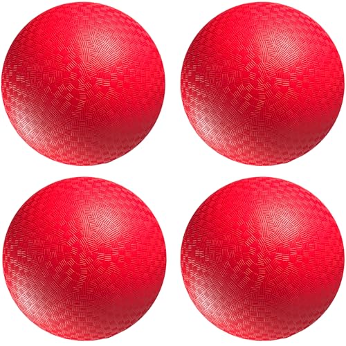 Bedwina 4-Pack Playground Balls Bulk - 8.5 Inch Red Rubber Kickball Bouncy Inflatable Balls for Kids & Adults w/Hand Pump, Indoor & Outdoor Games, Kickballs, Dodgeball, Four Square, and More
