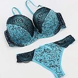 Swbreety Women's Sexy Lace Bra Set Deep V Padded Bra and Thong Underwear Blue