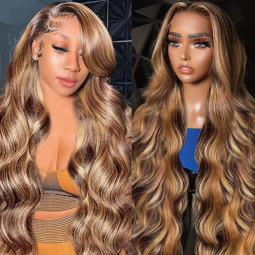 AILICEEHR 5x5 Highlight Lace Closure Wig Human Hair Body Wave 5x5 HD Lace Closure Wig for Women P4/27 Ombre Honey Blonde Glueless Wig Pre Plucked 180 Density 26 Inch
