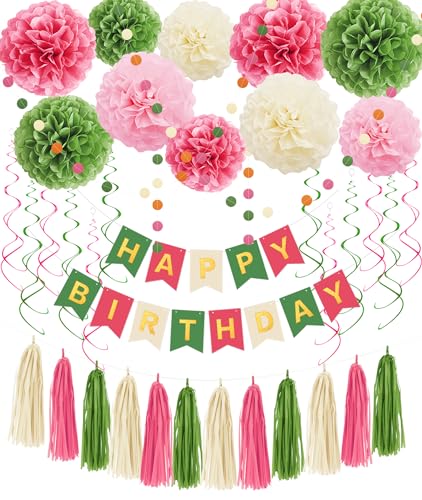 Pink and Green Birthday Decorations for Women Girls, Tissue Paper Pom Poms, Happy Birthday Banner, Paper Tassel, Circle Garland & Hanging Swirl Party Decoration