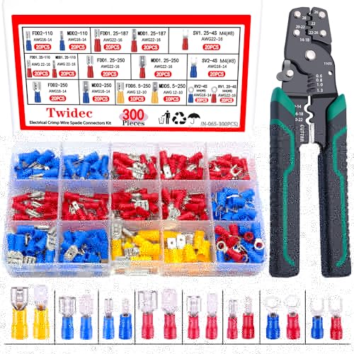 Twidec/300PCS 16Types Spade Crimp Connectors 2.8mm/4.8mm/6.3mm Male and Female Connector kit Includes Spade Fork Ring Insulated Wire Crimp Connectors and Wire Crimper Tool with Stripper Cutter