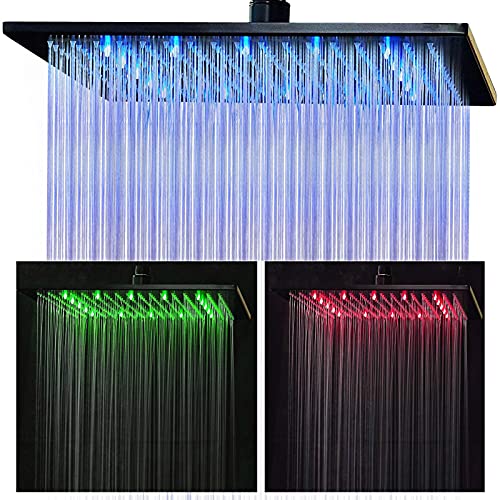 Suguword LED Rainfall Shower Head High Pressure 12 Inch Black LED Rain Shower Head Anti-leak Large Square Ceiling Mount LED Shower Head Easy To install Self-Cleaning Silicone Nozzle,Matte Black
