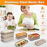 Rezicom Stainless Steel Lunch Box for Kids and Adult, Two Layer 2 L Capacity Leak-Proof Bento Box for Kids, Lunch Containers for Women School Office with Stainless Steel Soup Bowl Spoon and Fork