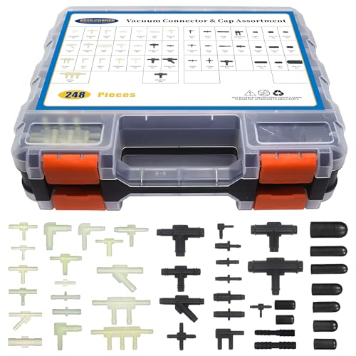 34 Sizes Automotive Vacuum Tubing Connector & 9 Sizes Vaccum Caps, Vacuum Tee Connector Assortment Kit, Total 248PCS Packed Double Side Tool Organizer