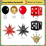 Casino Theme Balloon Arch Kit, 104 Pcs Red Black and Gold Metallic Latex Balloon Garland Kit with Dice Crown Explosion Star for Women Men Casino Night Las Vegas Birthday Graduation Party Decorations