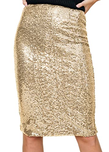 Anna-Kaci Women's High Waist Sparkly Sequins Midi Skirt Pencil Cocktail Party Skirt, Gold, Medium