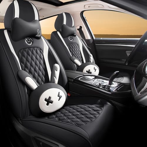 BBKVF Cute Bunny Seat Cover 5 Set with Waterproof PU Leather for Cars SUV Pick-up Truck Universal Fit Set (Black)