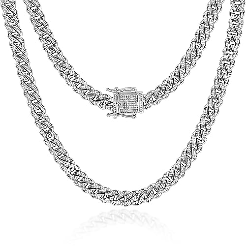 WORFAJEW Lab Diamond Mens Chain, 8MM VVS Moissanite Cuban Link Chain for Women White Gold Plated Iced Out Silver Moissanite Men's Necklace Hip Hop Jewelry Miami Luxury Bling Cuban Link Chain for Men Certificed 24inch