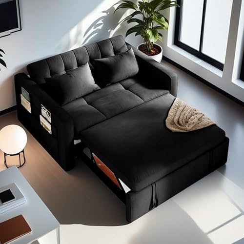 YITAHOME 55" Convertible Sofa Bed, Velvet Sleeper Sofa with Pull-Out Bed, 3-in-1 Futon Couch with Reclining Backrest and Side Pocket, Modern Loveseat for Living Room, Black, Full Size