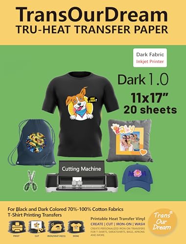 TransOurDream Tru-Iron on Heat Transfer Paper for Dark Fabric (20 Sheets, 11x17") T Shirt Transfers Paper for Inkjet Printer Printable Heat Transfer Vinyl for T-Shirts