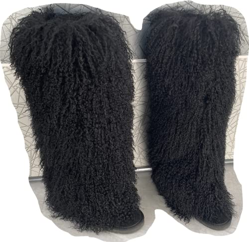 FurinFashion PBS High Tall Over Knee Real Mongolian Sheep Fur Snow Boots for Fashion Women Laidies Winter Warm Lamb Fur Booties (7, black, numeric_7)