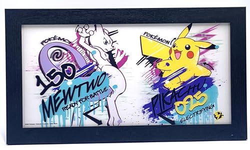 Silver Buffalo Pokemon 10" x 18" Framed Lenticular Sign Wall Art – Mewtwo #150 and Pikachu #025 Skate Graffiti