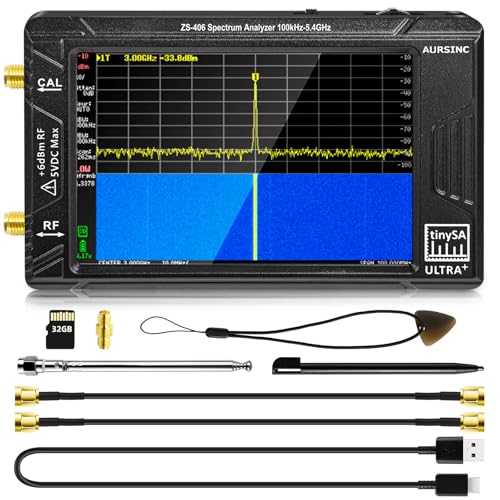 AURSINC TinySA Ultra+ ZS406 Spectrum Analyzer, 2025 Upgraded 4.0 Inch 100kHz-5.4GHz HW V0.4.6 Handheld Frequency Analyzer with 32Gb Card, 2-in-1 Signal Generator MF/HF/VHF UHF Input