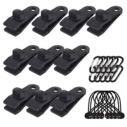 Langaelex Set of 10 Tarp Clips Heavy Duty Lock Grip Tent Clips Clamps with Thumb Screw and Bungee Ball Cords + Carabiner for Fixing Tarps, Awnings, Tarpaulin, Outdoor Camping, Caravan Canopies