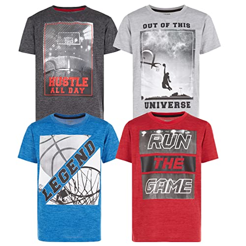 Boys Active Tshirt - Youth Big Kids Athletic Workout Sports Basketball Graphic Short Sleeve T-Shirt Top 4 Pack (14/16, Set D)