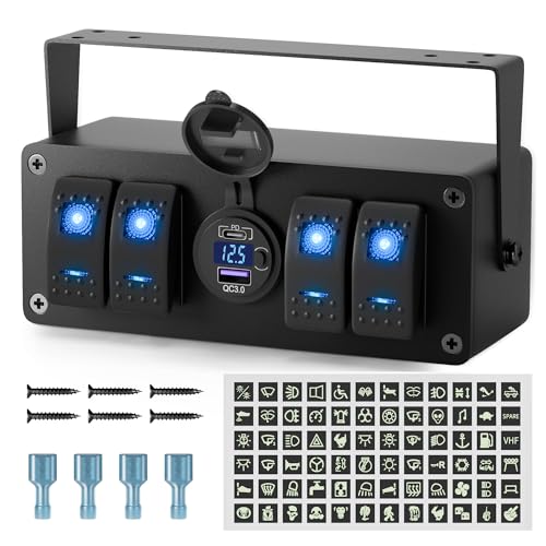 Joinfworld 4 Gang Rocker Switch Box 12V SPST ON/Off Marine Switch Panel 12 Volt Waterproof Blue LED Light Bar with Dual USB Outlet PD3.0 & QC3.0 Car USB Port for Boat Automotive Car Truck RV UTV