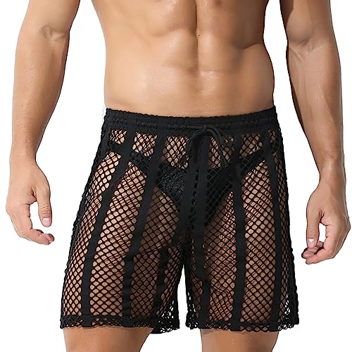Evankin Mens Sexy stripe Fishnet Shorts See Through Mesh Loose Shorts Sheer Lounge Boxer Underwear Trunks(Black, S)