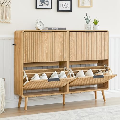 47" Fluted Large Shoe Cabinet with 4 Flip Drawers, Slim Freestanding Shoe Cabinet Organizer, Narrow Shoes Storage Rack for Entryway (Natural, 9.45" D x 47.24" W x 35.83" H)