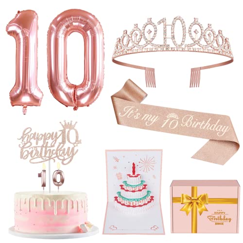 10th Birthday Decorations for Girls, Include 10th Birthday Sash and Tiara, Cake Topper and Candles, Number Balloons, 3D Pop Up Greeting Card, 10 Year Old Gifts for Girls