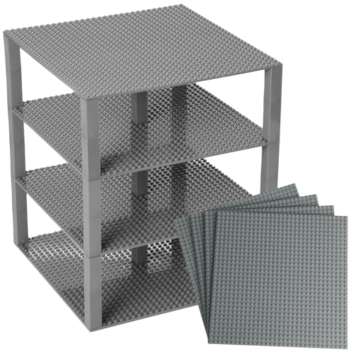 Strictly Briks Compatible with LEGO Large Classic Stackable Baseplates, Building Bricks for Towers, Shelves, and More, Compatible with All Major Brands, Gray, 4 Base Plates & 30 Stackers, 10x10 Inches