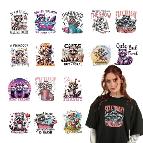 Shejdgart Dtf Transfers Ready to Press - 16 Pcs Cute Raccoon Heat Transfer Vinyl Stickers Funny Animal Iron on Patches Decals for T-Shirts Clothes Bag Pillow DIY Fabric Décor