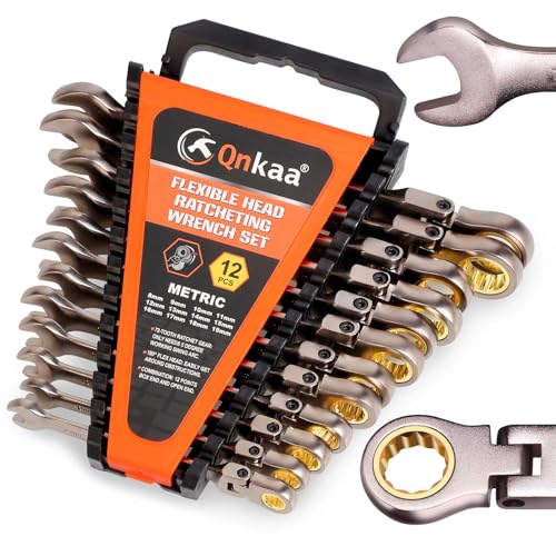 Qnkaa Flexible Ratcheting Wrench Set 12pcs Metric 8-19mm Flex-Head Spanner Gear Ring Ratchet Combination Wrenches Kit with Portable Organizer