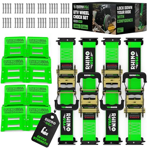 Rhino USA Wheel Chock Tie Down Kit (4,500lb Break Strength) (4) Heavy Duty Trailer Tire Ratchet Straps (8) Wheel Chocks - E Track System for ATV, UTV, Lawn Mower, Four Wheeler - Green
