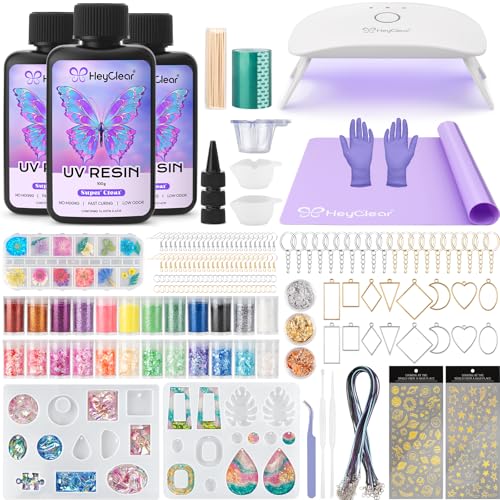 HeyClear UV Resin Kit with Molds and UV Light for Jewelry Making -300g Super Clear, Hard, Low Odor, Premixed and Fast Curing for Keychains, Earrings, Craft Decorations, DIY Creation Gifts