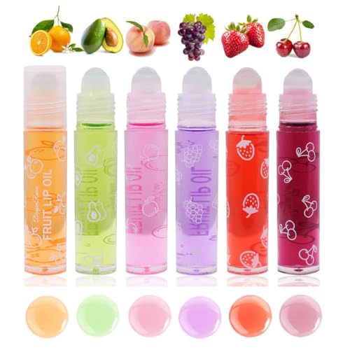 Baorder 6Pcs Roll-On Lip Gloss Set,Fruit Flavored Roll On Rollerball Lip Oil,Transparent Plumping Lip Gloss for Teens and Kids,Non Toxic Lip-Makeup Set