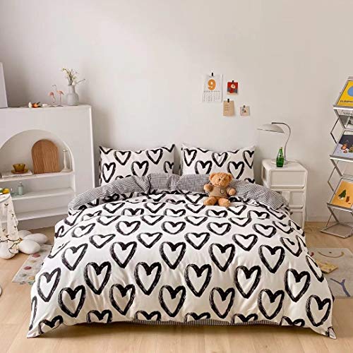 Houseri Love Duvet Cover Queen Heart Shaped Bedding Sets Full White and Black Duvet Cover for Women Men Boys Girls Teens Love Heart Bedding Duvet Covers Full Size