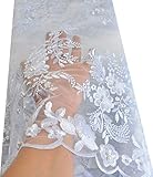 African Lace Net Fabrics Nigerian French Fabric Embroidered and Manual Beading Guipure Cord Lace for Party Wedding 5 Yards (White)